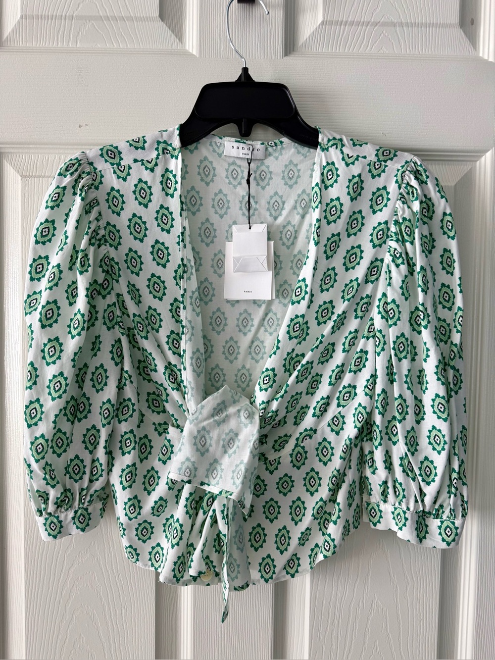 NWT Sandro Green Diamond Knotted Printed Blouse Size Small / 4